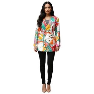 Vintage Simon Chang Paisley Double Breasted Blazer Jacket Size 8 White Multi 80s